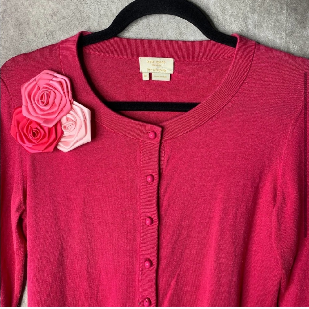 Kate Spade Silk Cardigan Sweater Womens Medium Pink Flower Applique Button Up